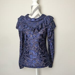 Elegant Blue Velvet Victorian Jacquard Long Sleeve Top Small